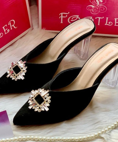 Broach Transparent Heels – Chic Clear Heels with Stylish Broach for Women