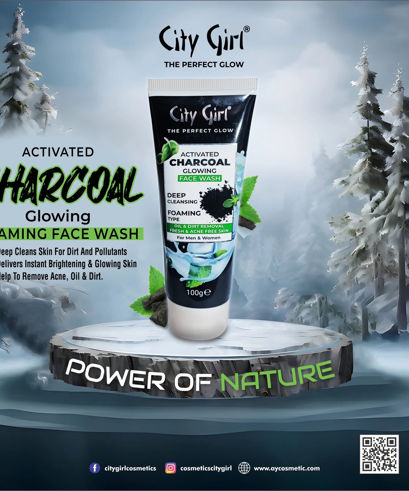 Charcoal Facewash, City Girl Charcoal Facewash, Activated, Charcoal, Glowing, Face wash, Deep Cleansing, Foaming Type, Oil & Dirt Removal, For Men & Women