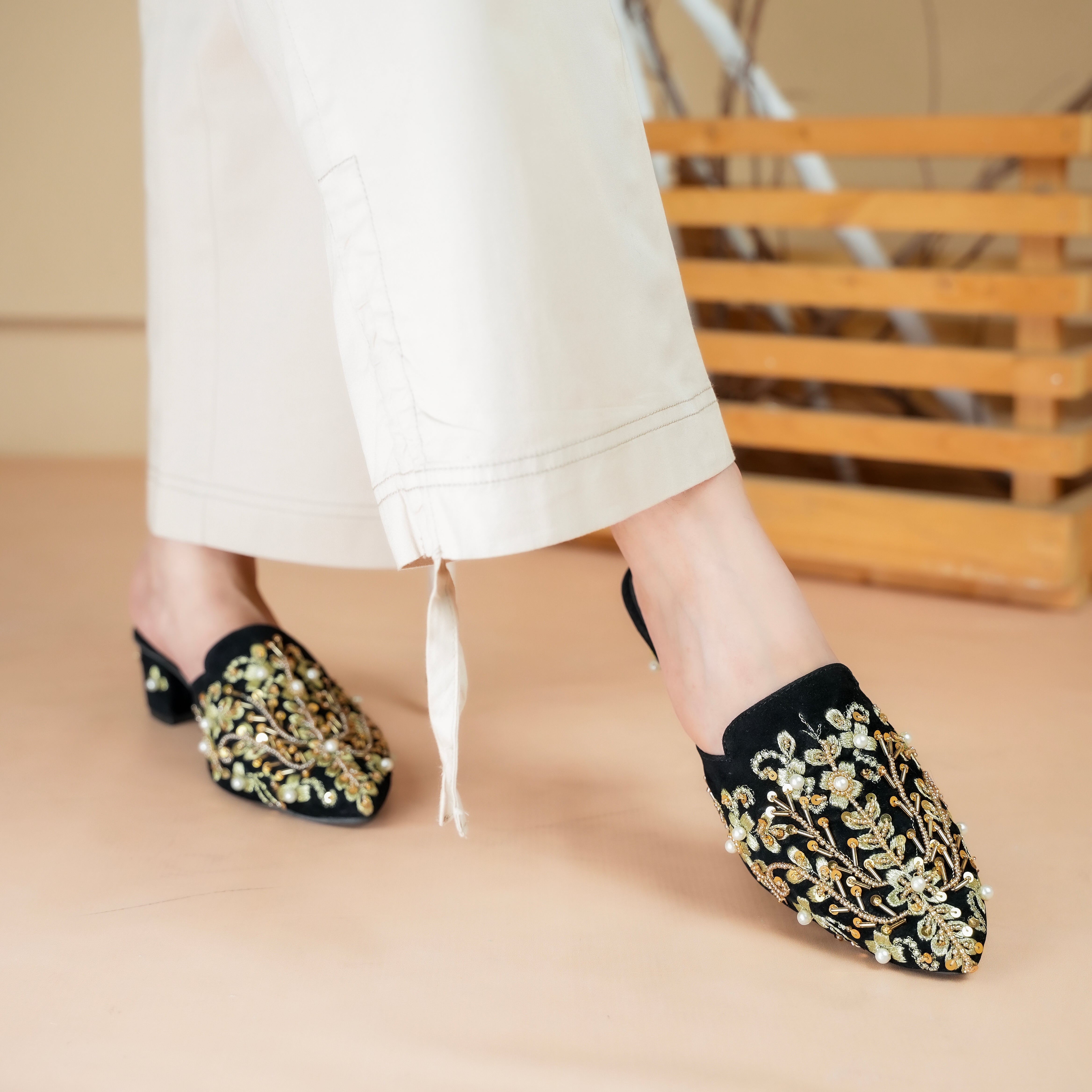 Embroidered Crystalline-Gem Heel
