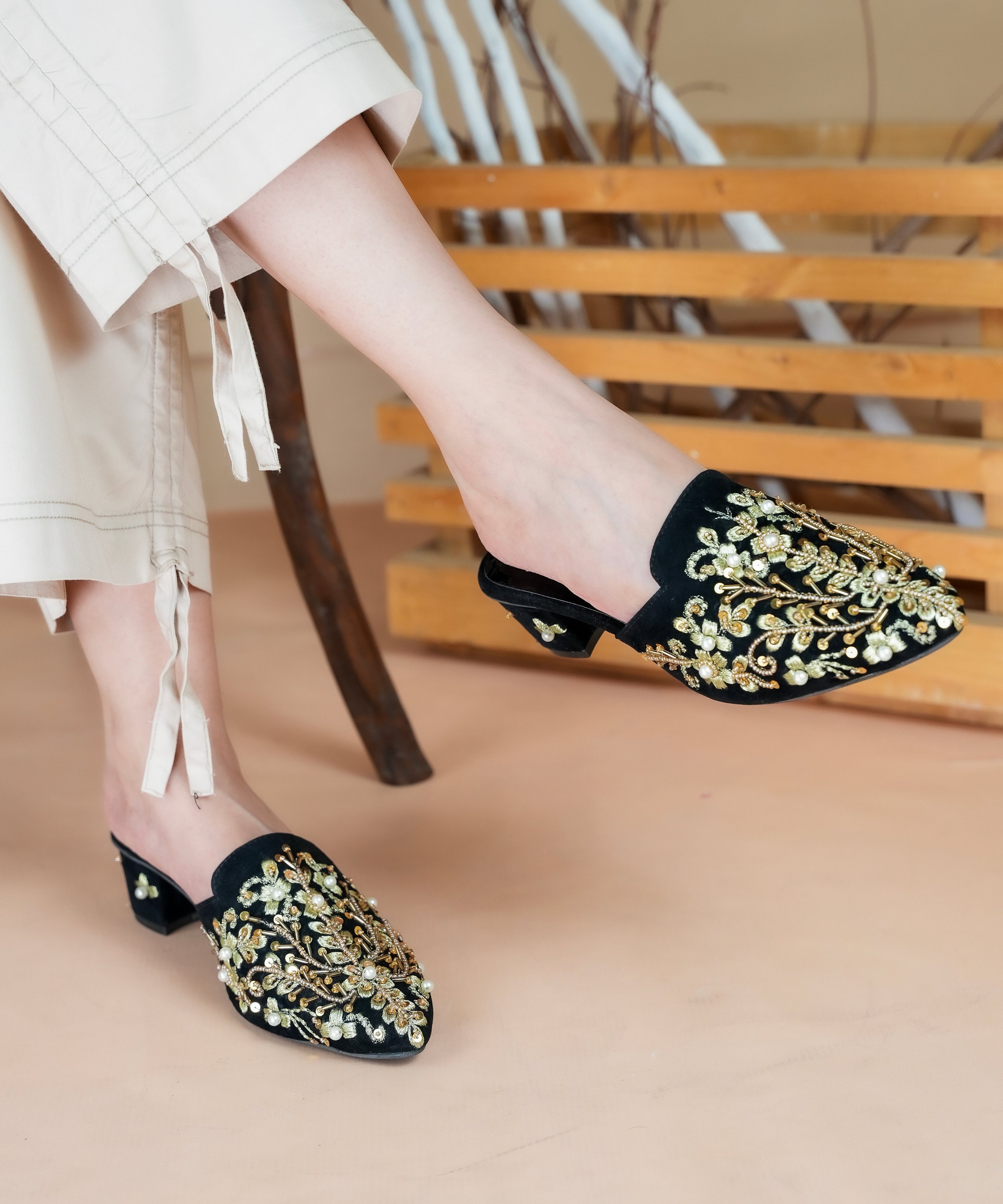 Embroidered Crystalline-Gem Heel