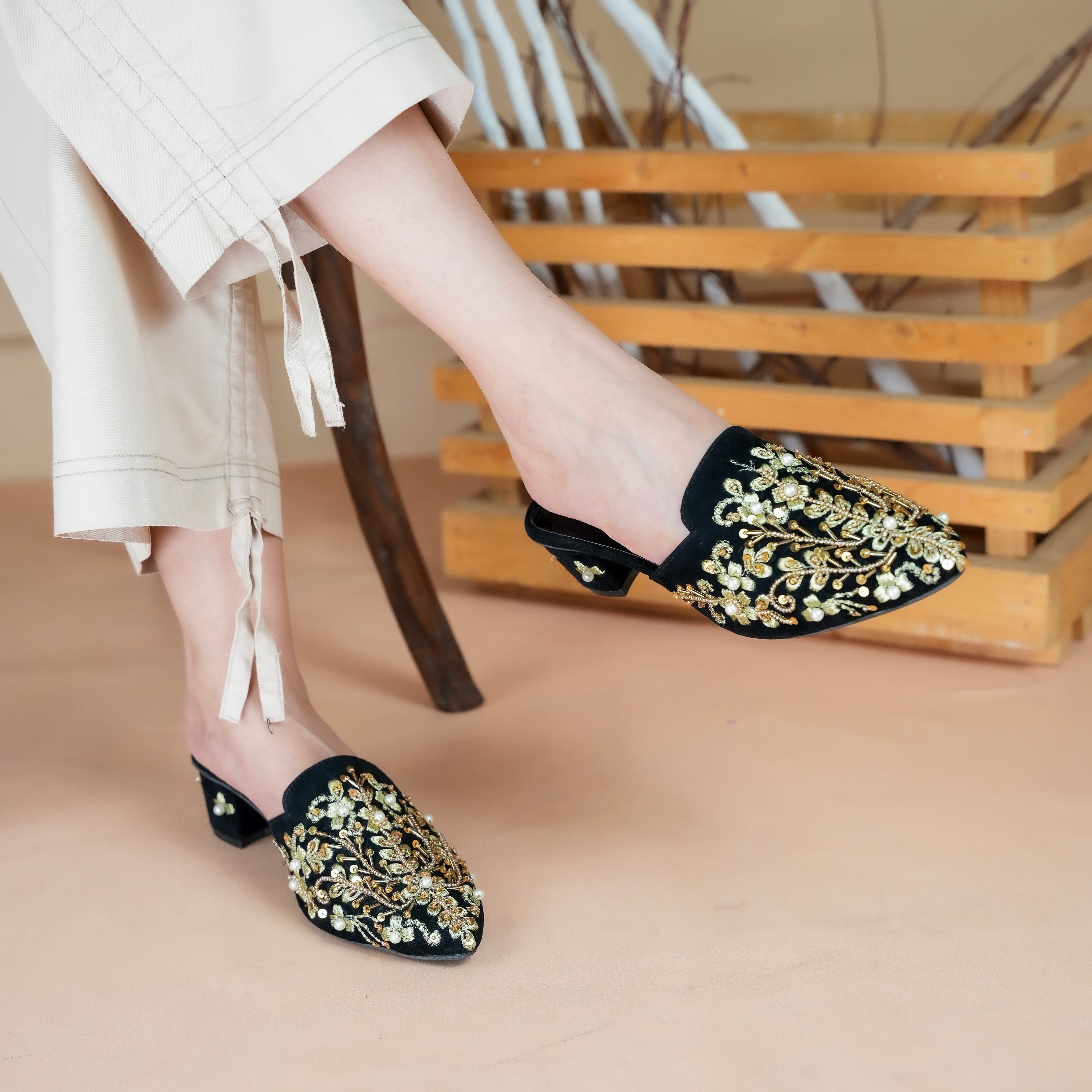 Embroidered Crystalline-Gem Heel