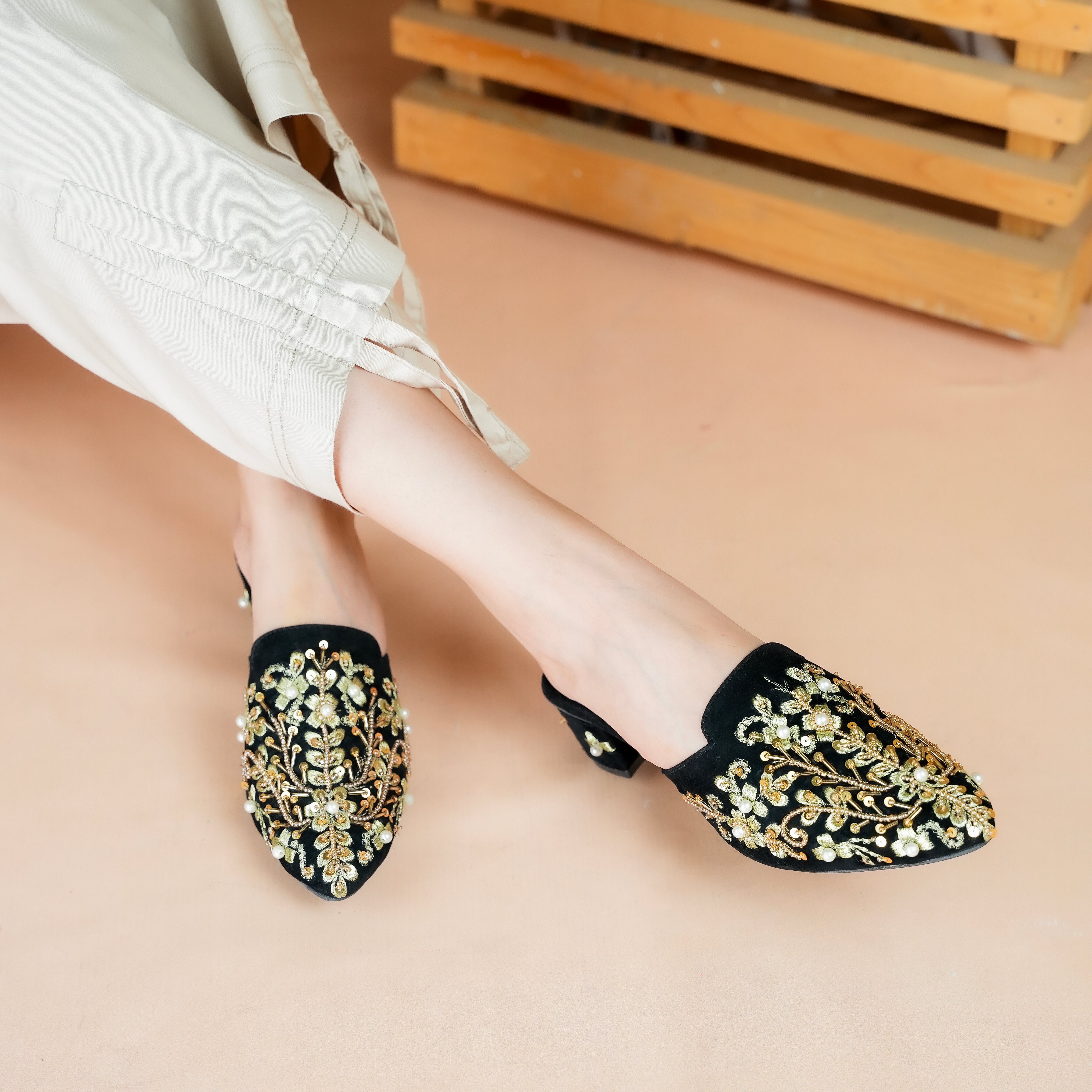 Embroidered Crystalline-Gem Heel