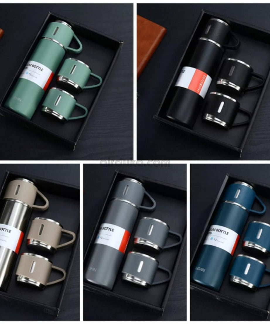 STAINLESS STEEL VACUUM FLASK SET WITH 3 CUP